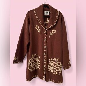 Storybook Knits Long Embroidered Floral Duster Cardigan Brown Women’s 2X